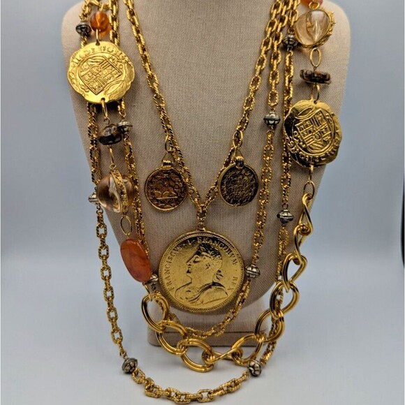 Vintage Les Bernard Gold Tone Multi Stand Coin Lucite Long Statement Necklace - Picture 9 of 16